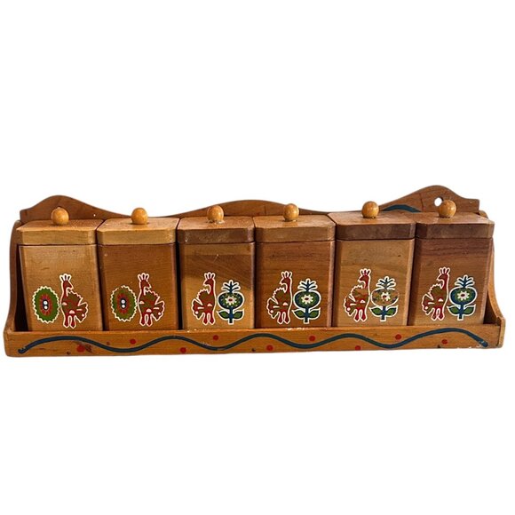 Mid Century Imperial Japan Wooden Spice Rack Set of 6 Hand Carved Containers MCM - Picture 5 of 7